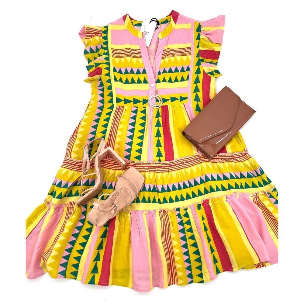 THML Neon Aztec MINI TIERED  Dress